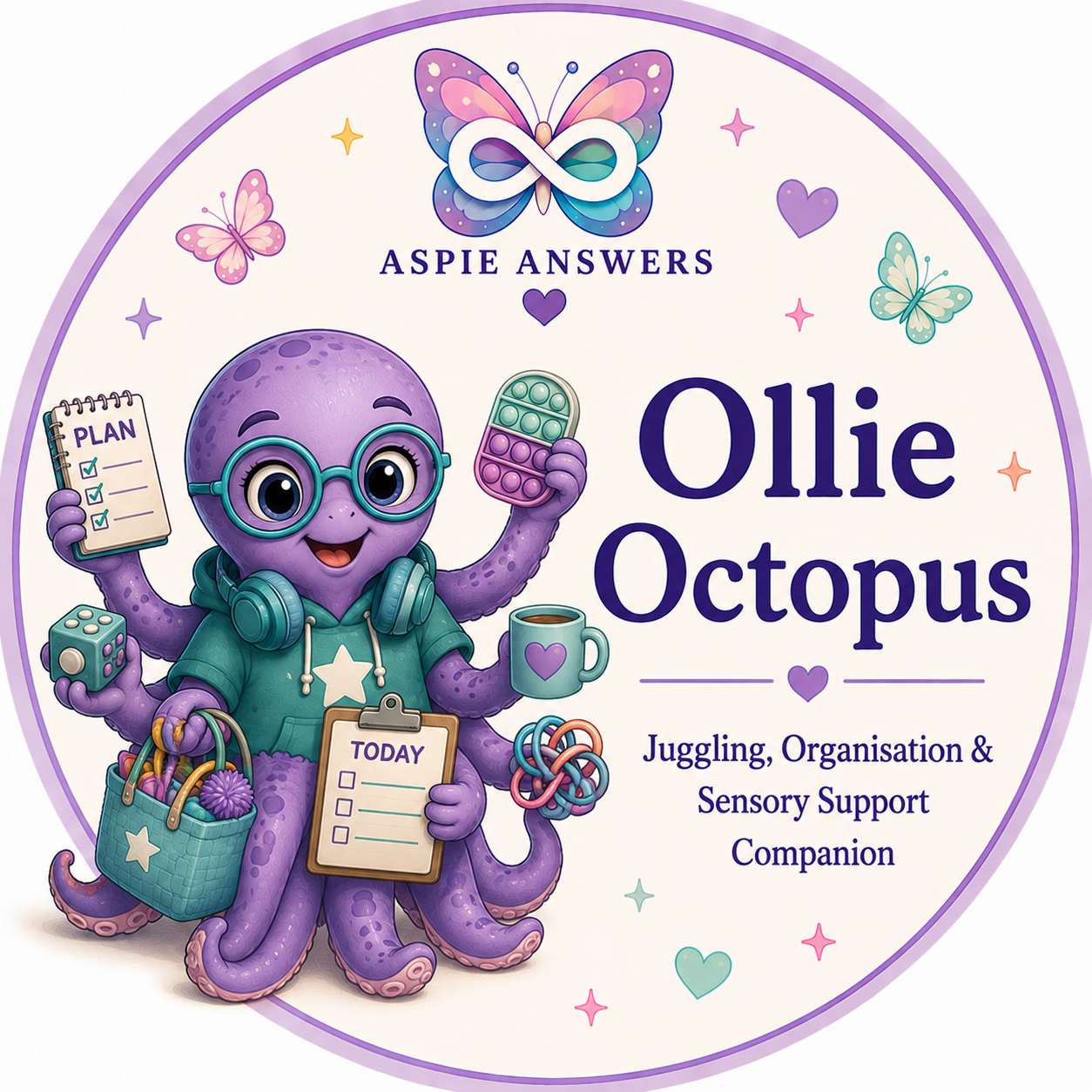 Ollie Octopus, the Aspie Answers Companion for juggling demands, sensory overload, organisation and multitasking.