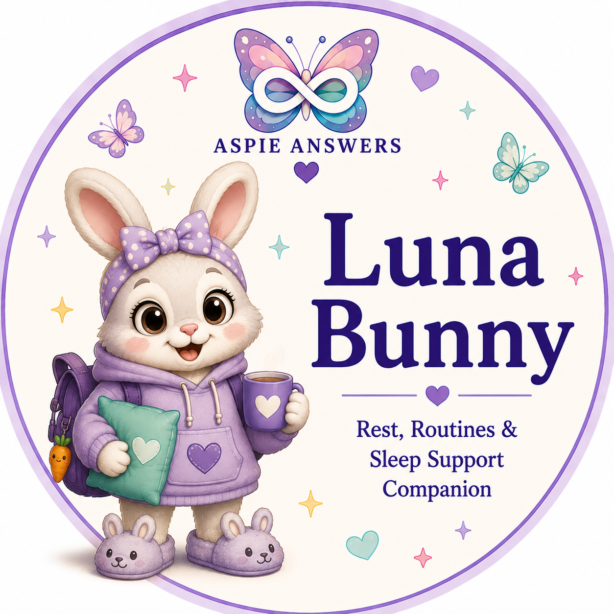 Luna Bunny, the white bunny Aspie Answers Companion for sleep, rest, bedtime and calm routines.