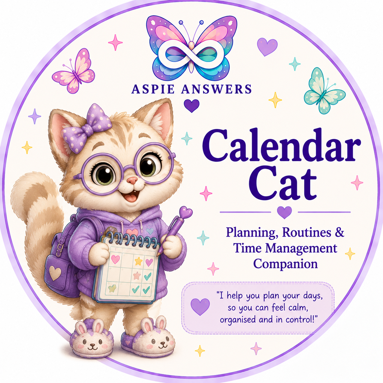 Calendar Cat, the official Aspie Answers Companion for schedules, deadlines and time planning.