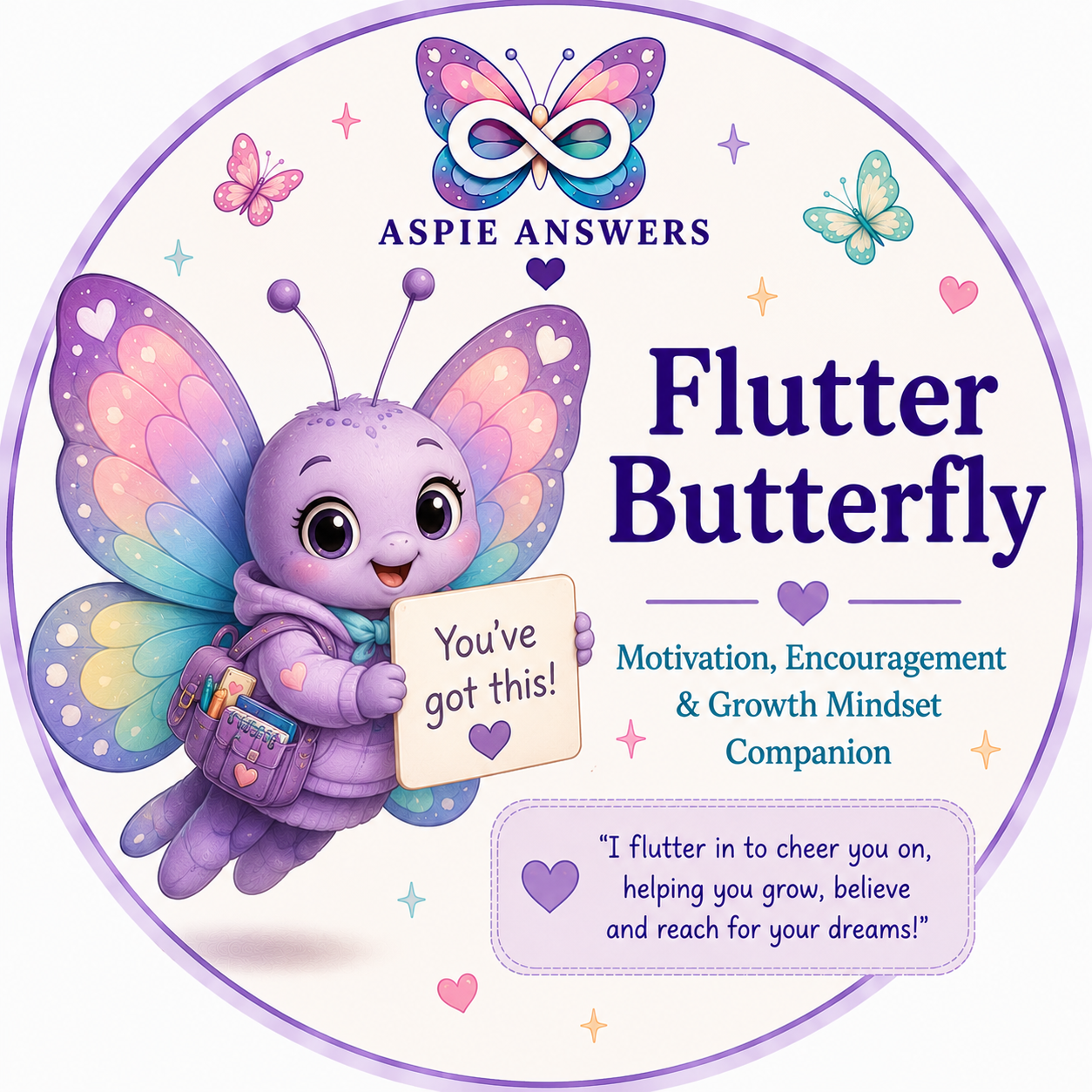 Flutter Butterfly, the Aspie Answers Companion for emotional wellbeing and gentle growth.