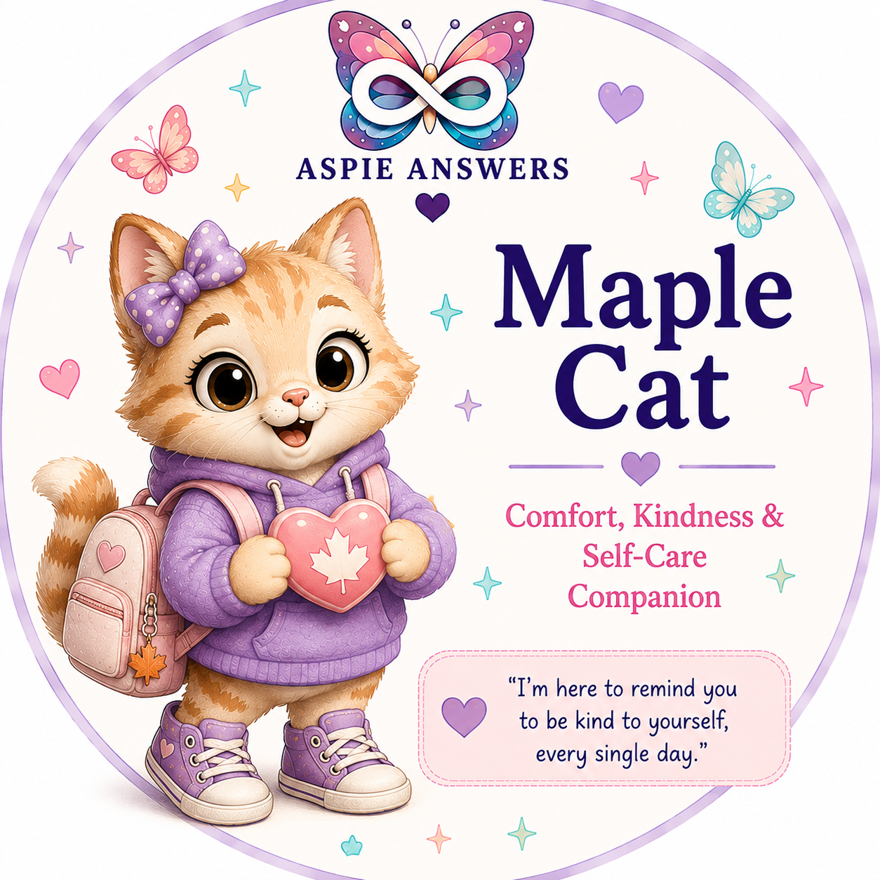 Maple Cat, an Aspie Answers Companion associated with comfort, kindness and emotional support.