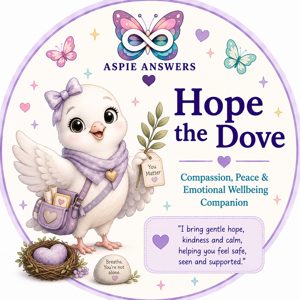 Hope the Dove, Aspie Answers Companion representing hope, encouragement and gentle reassurance.