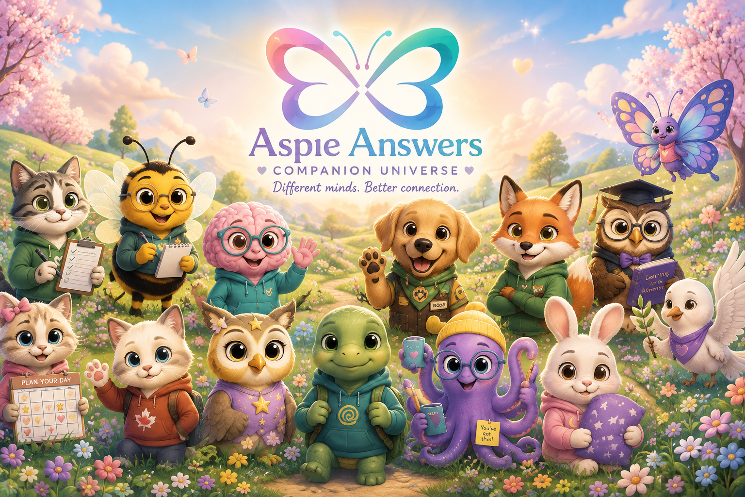The Aspie Answers Companion Universe featuring friendly companions for learning, planning, emotional wellbeing and everyday life.
