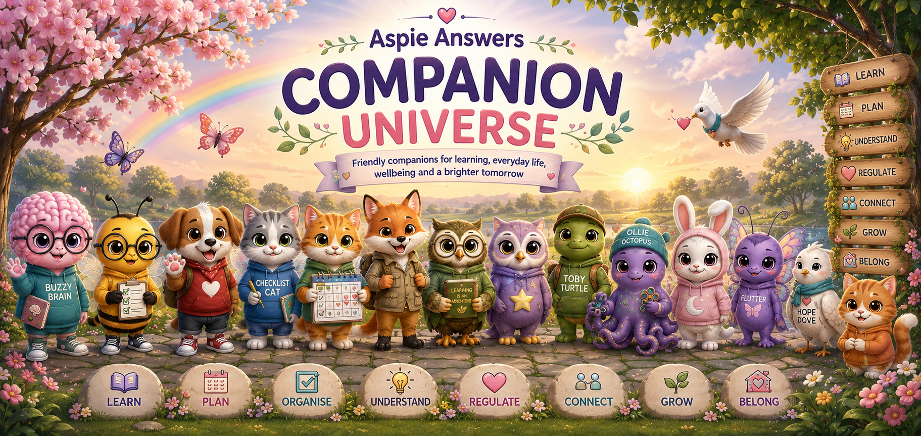 The Aspie Answers Companion Universe featuring friendly companions for learning, planning, emotional wellbeing and everyday life.