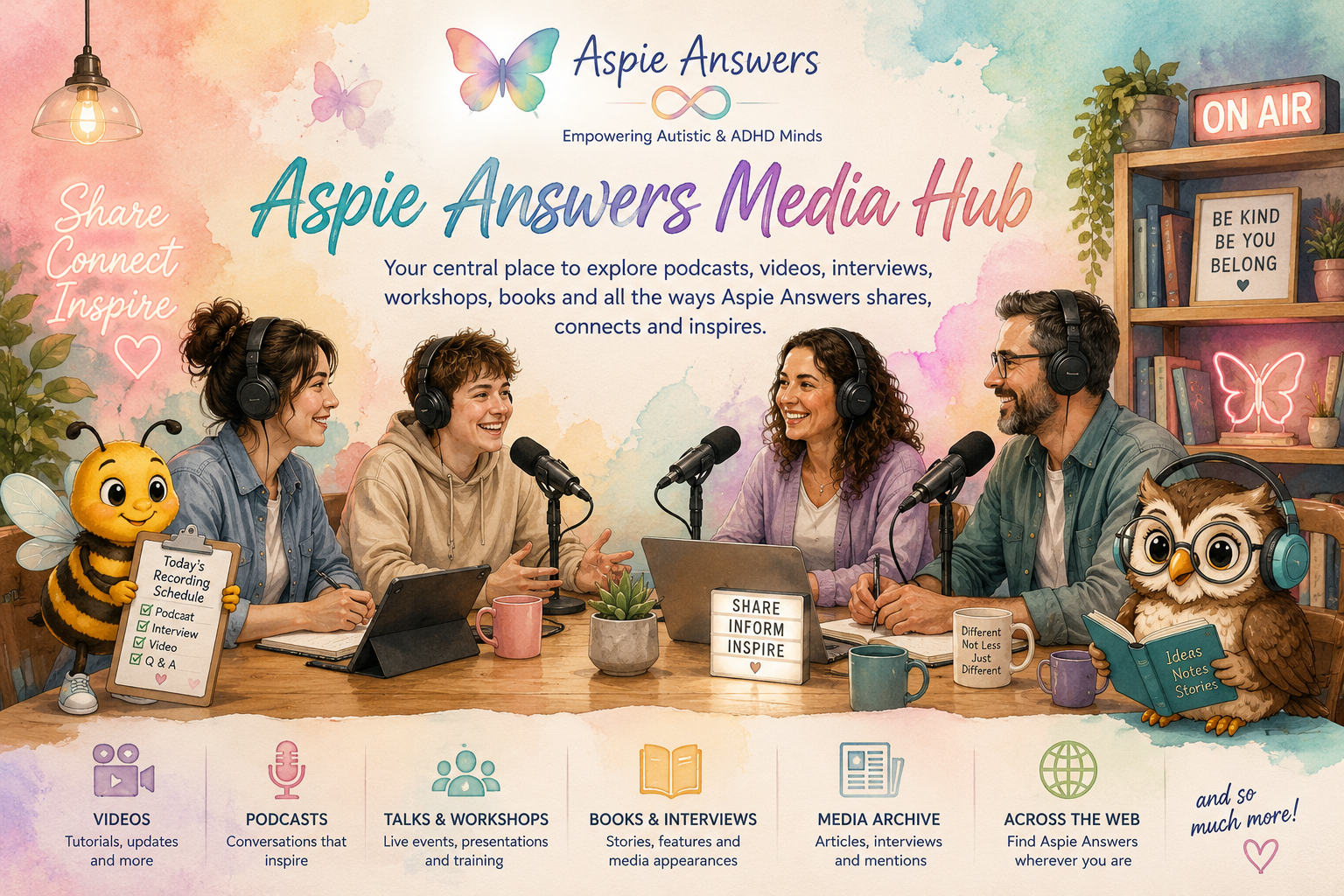 Aspie Answers Media Hub banner showing an inclusive podcast conversation, microphones, books and friendly companions.