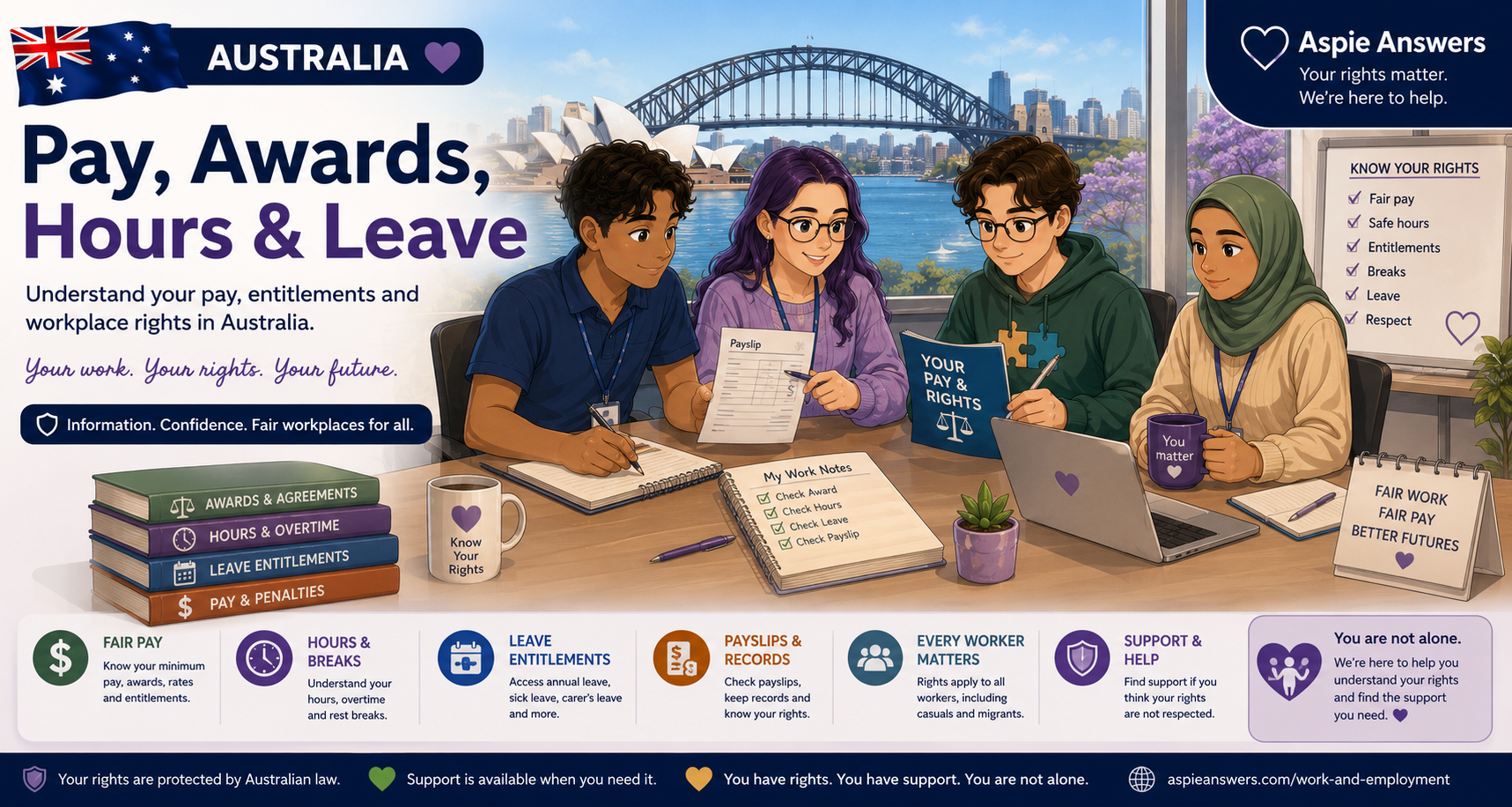 Australia pay, awards, hours and leave workplace guidance from Aspie Answers.
