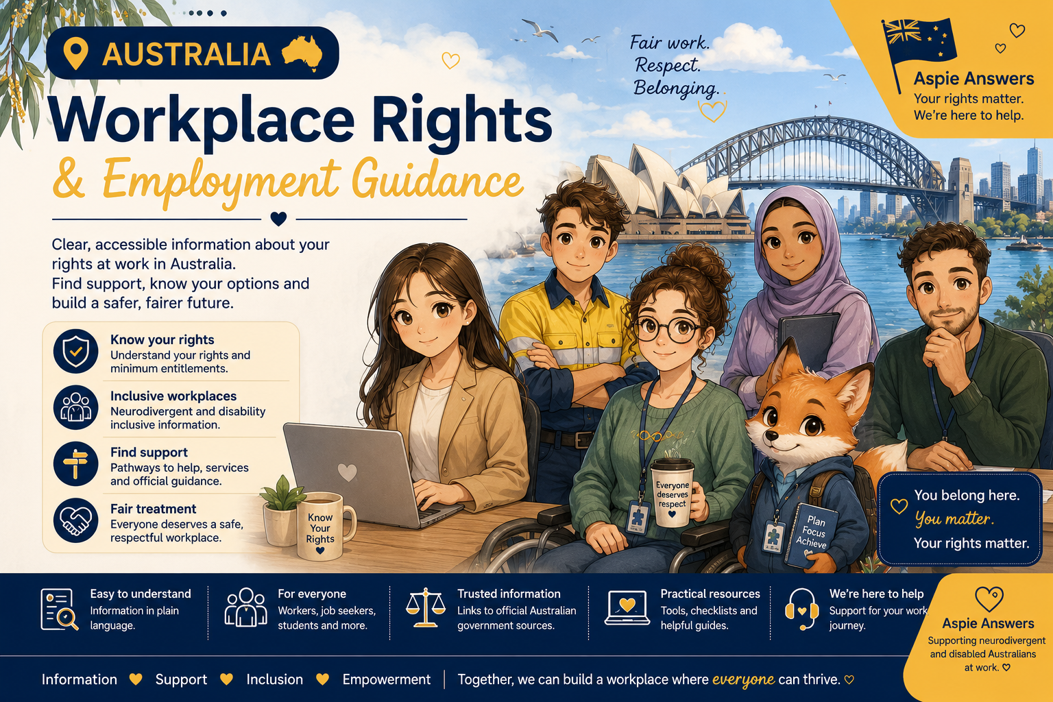 Australia Workplace Rights and Employment Guidance from Aspie Answers, with diverse workers and inclusive workplace support.