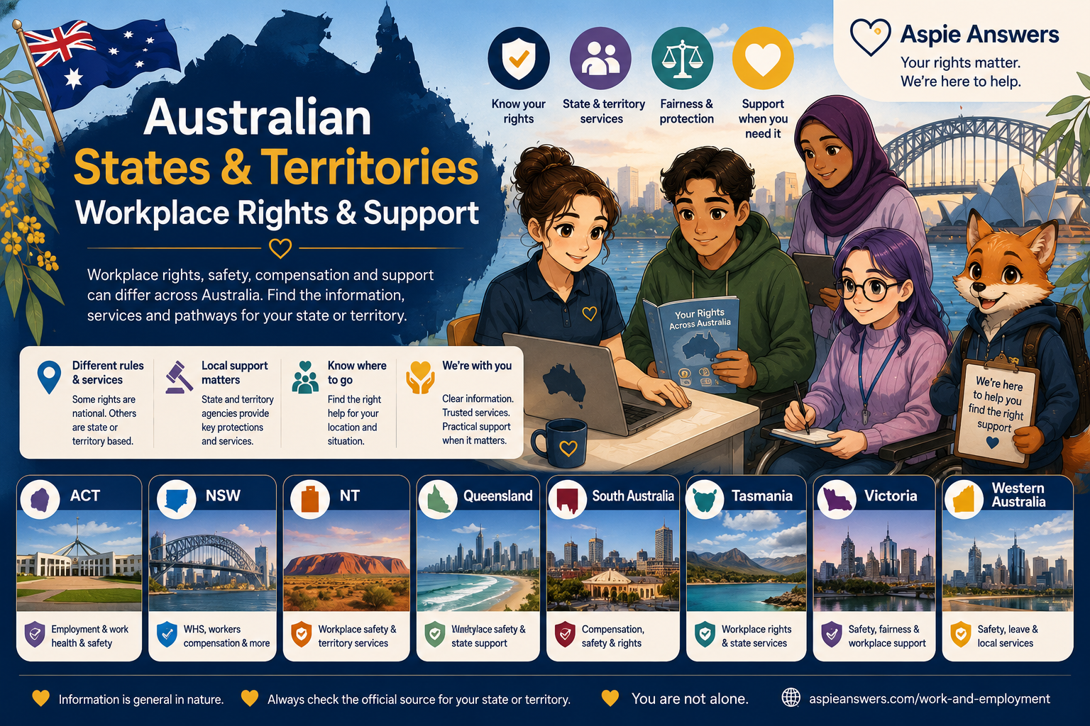Australian States and Territories Workplace Rights and Support, with diverse workers and accessible workplace guidance.