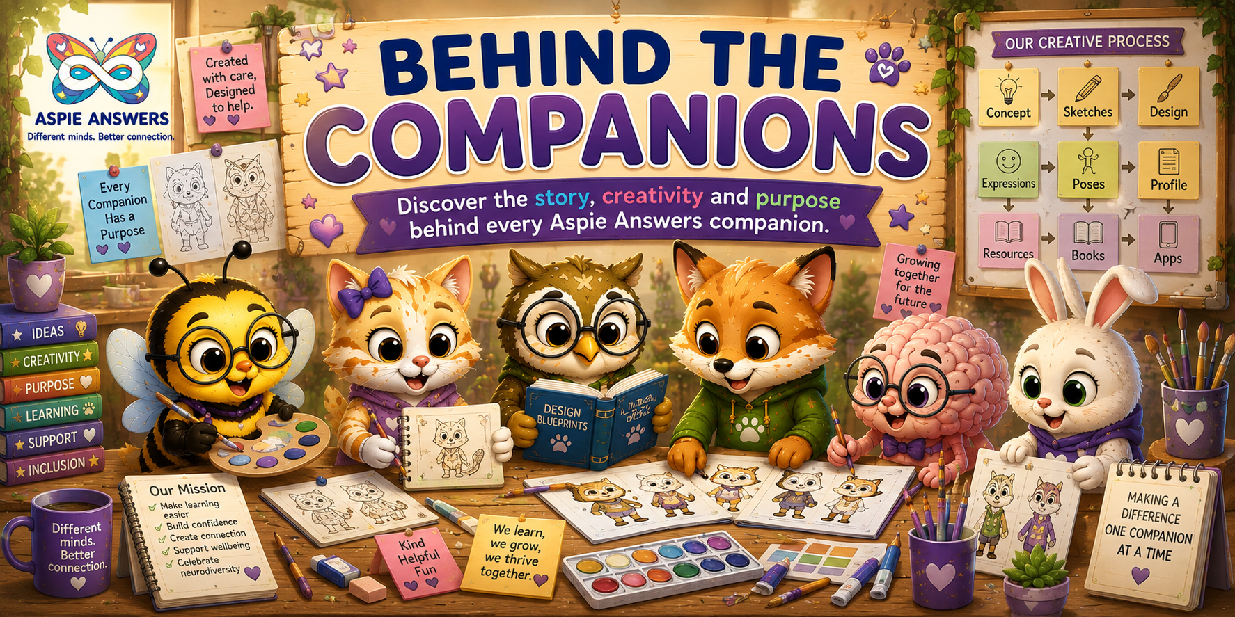 Official Behind the Companions banner showing Aspie Answers companions working together in a creative studio with sketches, colour palettes, guidebooks and design notes.