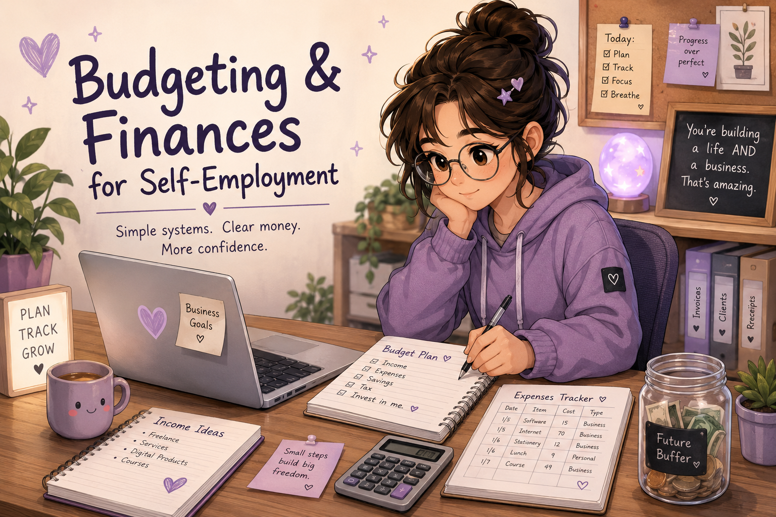 Budgeting and finances for self-employment with a neurodivergent-friendly workspace, calculator, budget planner, expense tracker and financial organisation tools.