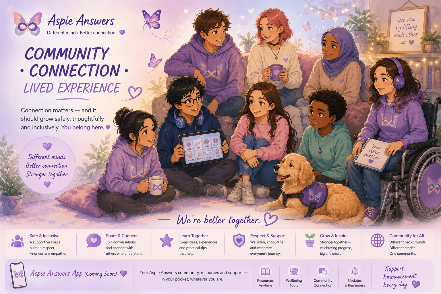 Aspie Answers community and connection scene showing inclusive communication, lived experience, accessibility and belonging