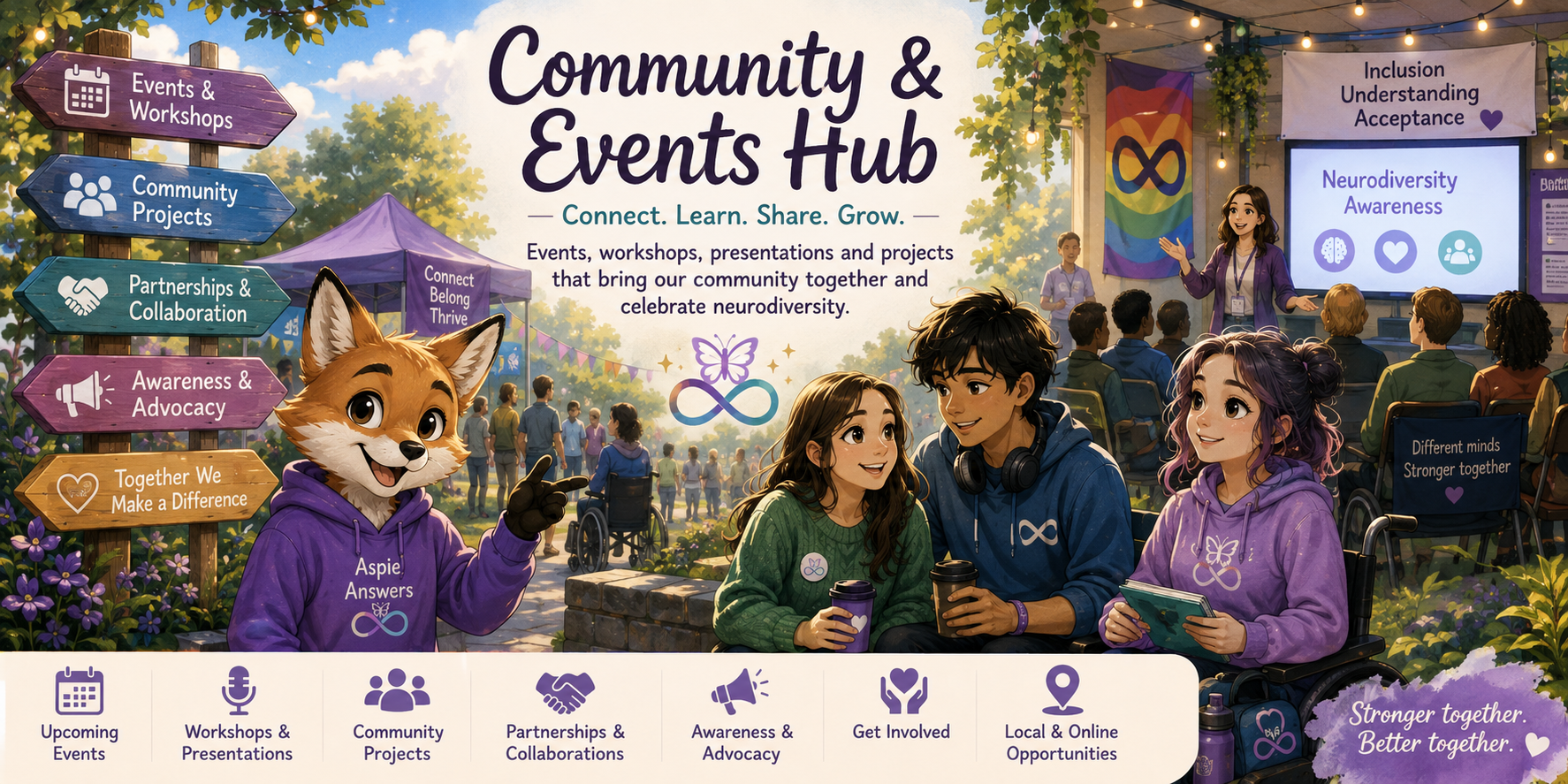 Aspie Answers Community and Events Hub featuring inclusive events, workshops, presentations, projects and community connection.