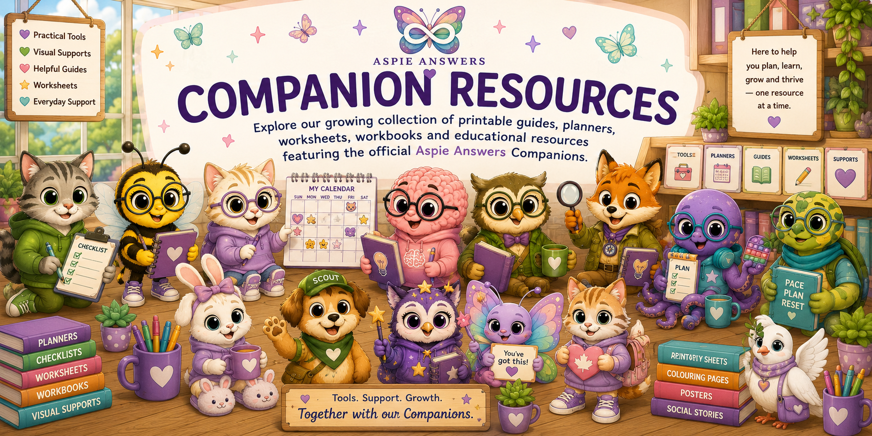 Official Aspie Answers Companion Resources banner showing the approved Version 1 companions together in a welcoming resource library with planners, checklists, guides, worksheets and visual supports.