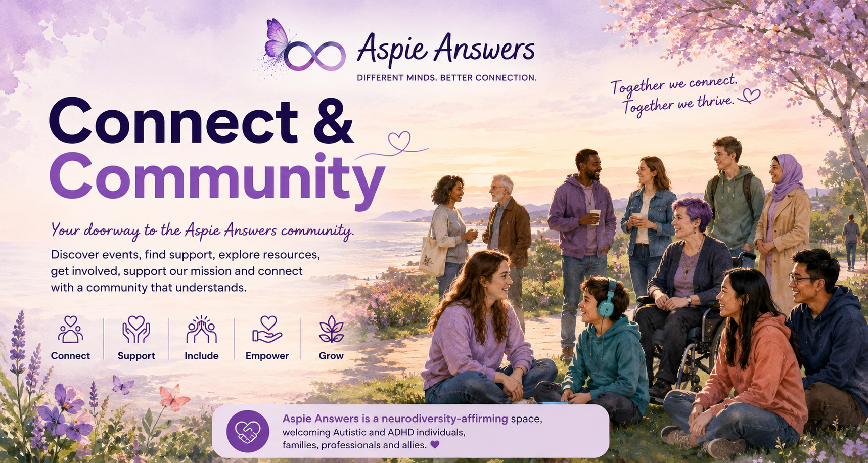 Aspie Answers Connect and Community – a welcoming inclusive community with pathways to events, support, families, involvement and membership.
