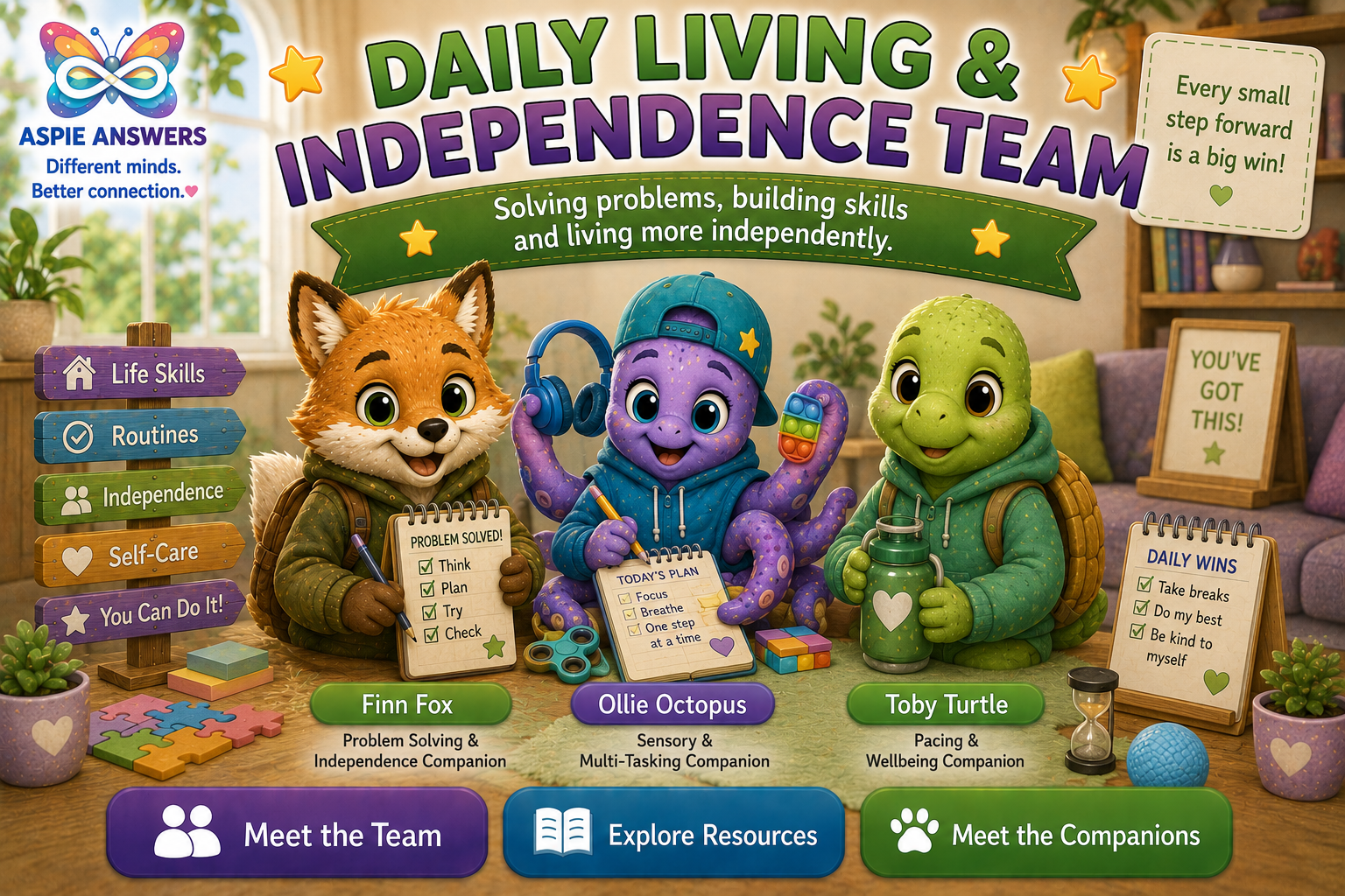 Official Daily Living and Independence Team artwork featuring Finn Fox, Ollie Octopus and Toby Turtle.