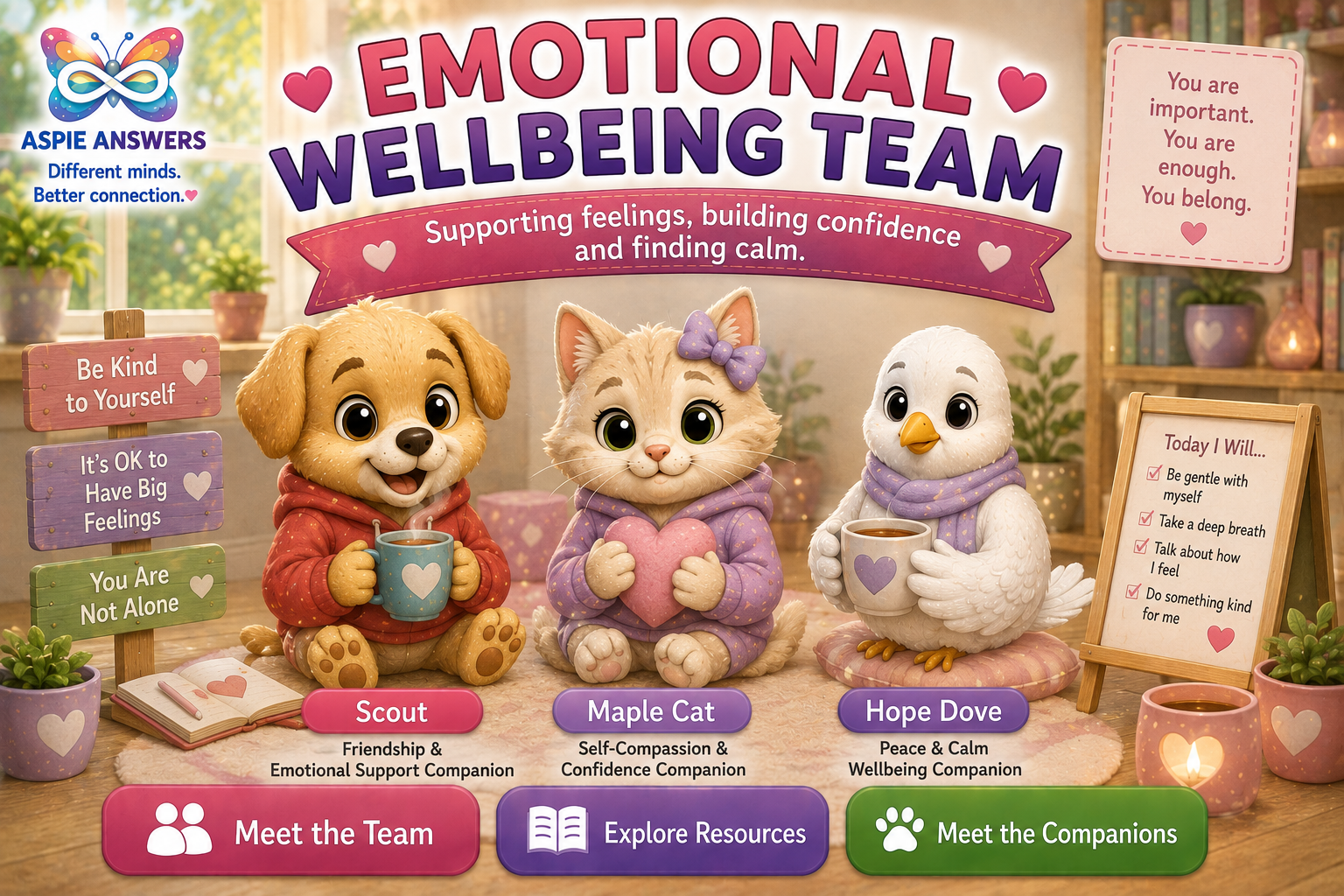 Official Emotional Wellbeing Team artwork featuring Scout, Maple Cat and Hope the Dove.