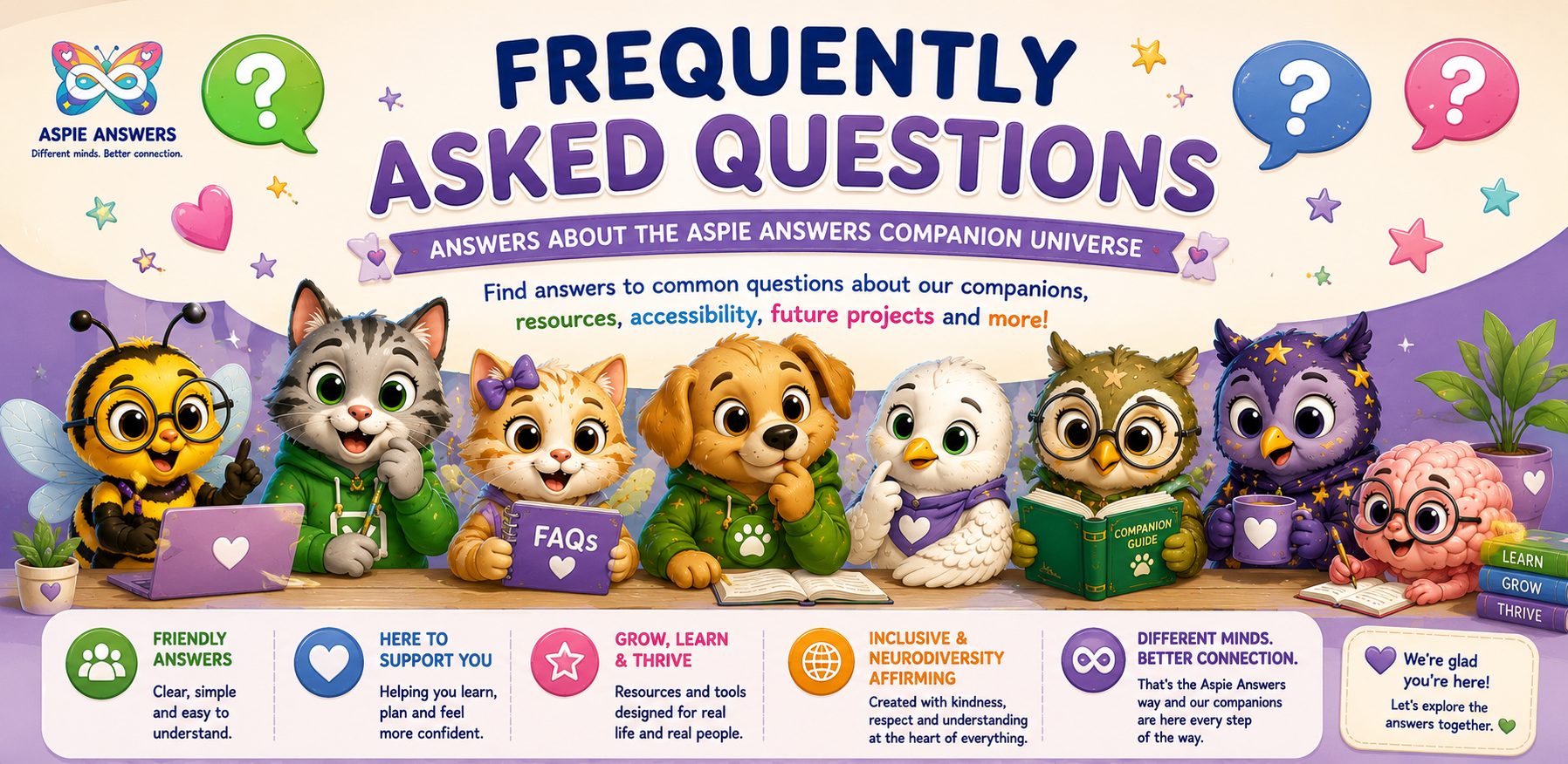 Official Aspie Answers Companion Universe Frequently Asked Questions banner featuring the approved companions gathered around books, guides and question symbols.