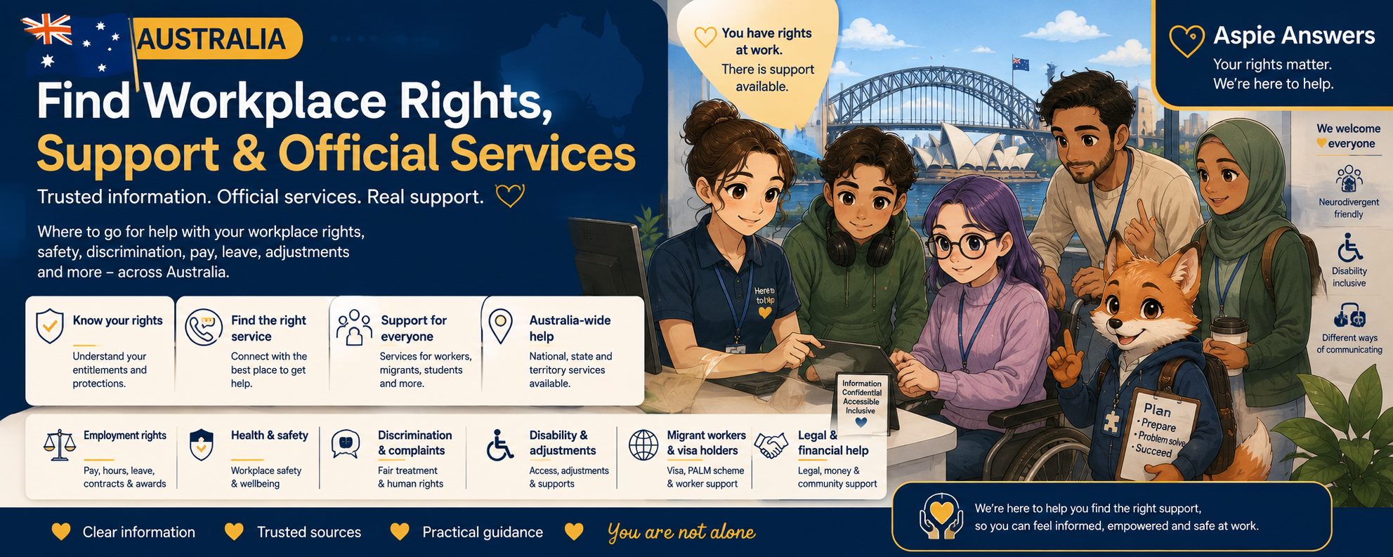 Australia Find Workplace Rights, Support and Official Services from Aspie Answers, with diverse workers, accessible support and official help pathways.