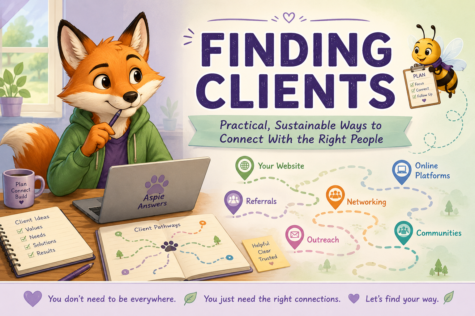Finding Clients — practical and sustainable ways to connect with the right people through websites, referrals, networking, online platforms, communities and outreach.