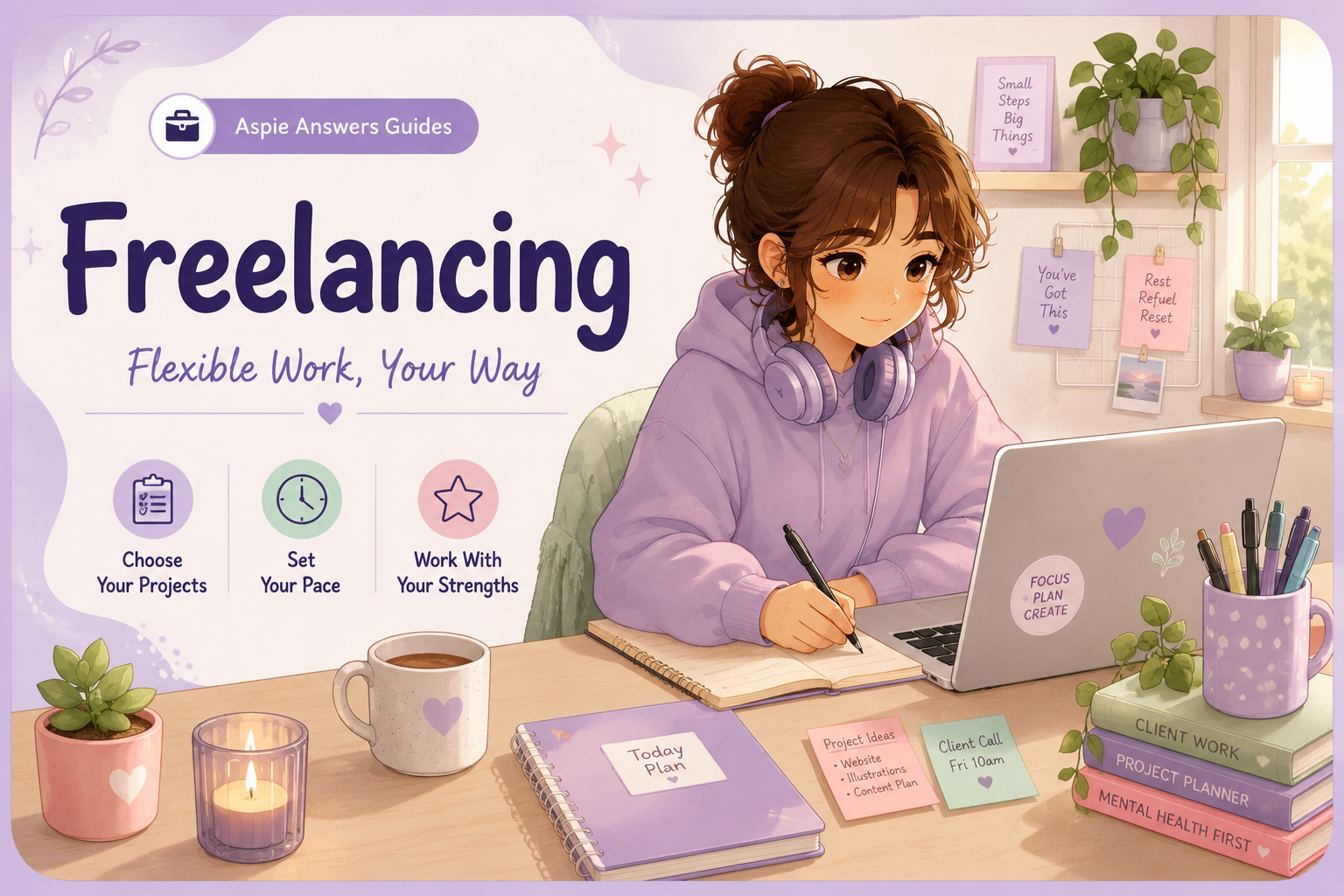Freelancing – Flexible Work, Your Way. A freelancer working at a laptop in a calm flexible workspace.