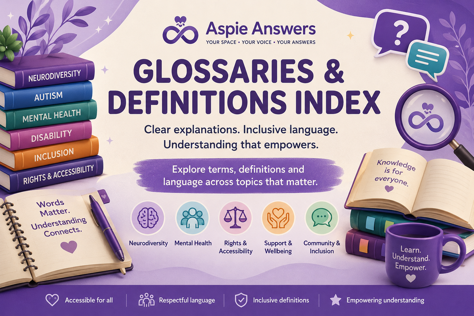 Glossaries and Definitions Index for inclusive terminology across neurodiversity, mental health, disability, accessibility, support and community topics