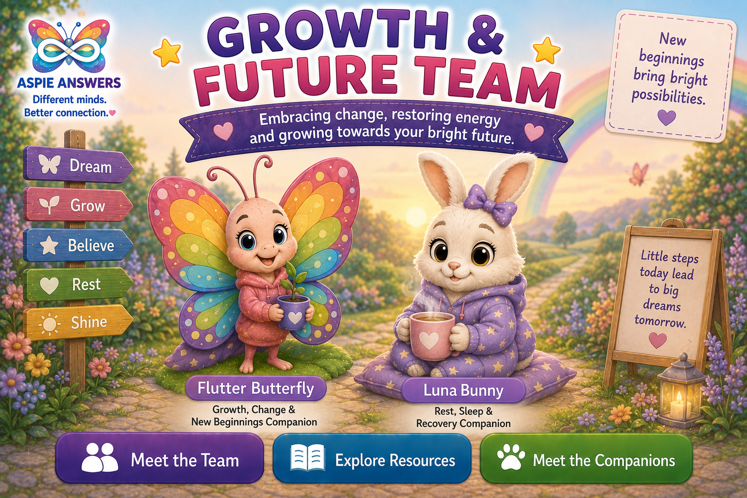 Official Growth and Future Team artwork featuring Flutter Butterfly and Luna Bunny.
