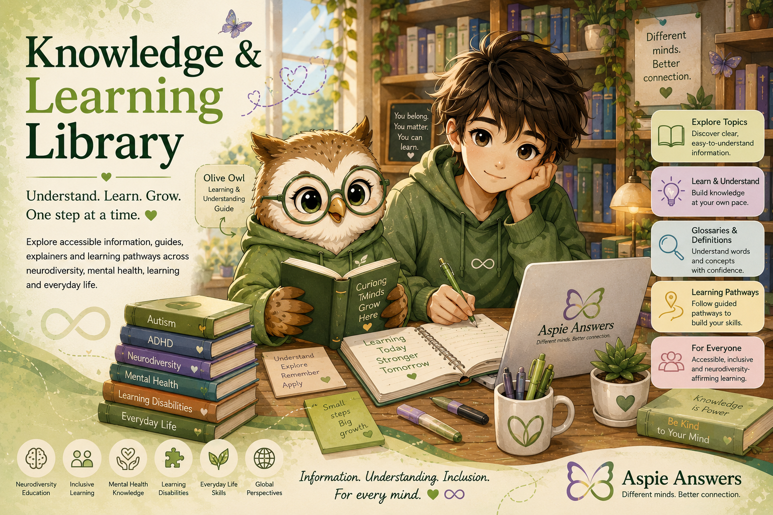 Aspie Answers Knowledge and Learning Library featuring Olive Owl and an inclusive learner