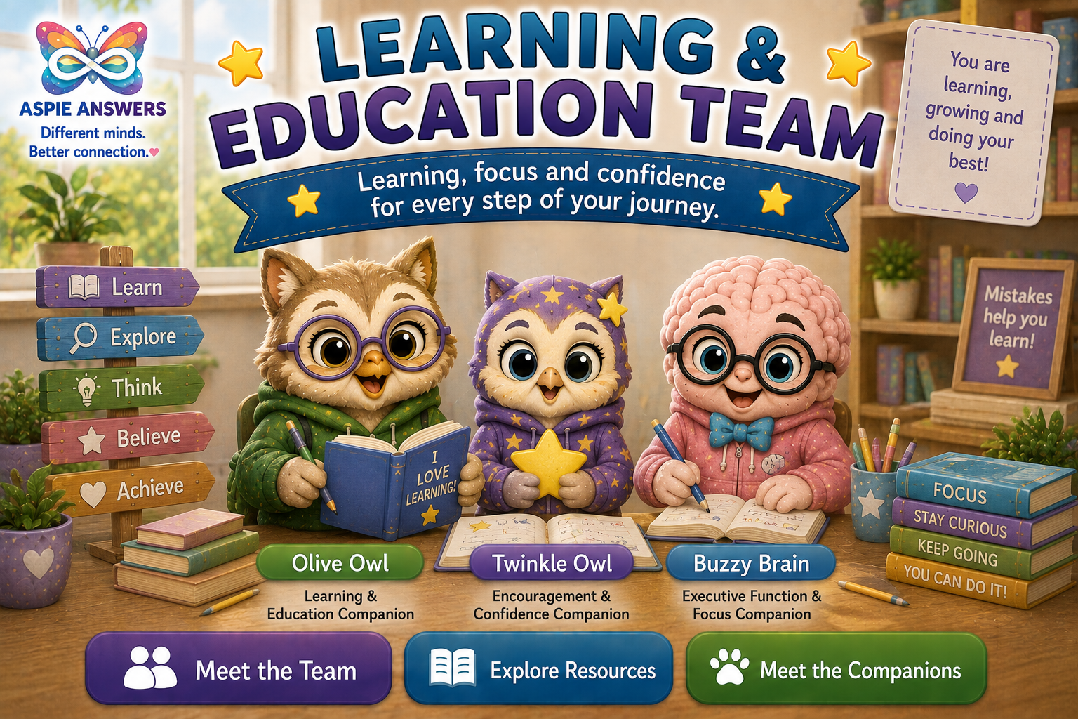Official Learning and Education Team artwork featuring Olive Owl, Twinkle Owl and Buzzy Brain.