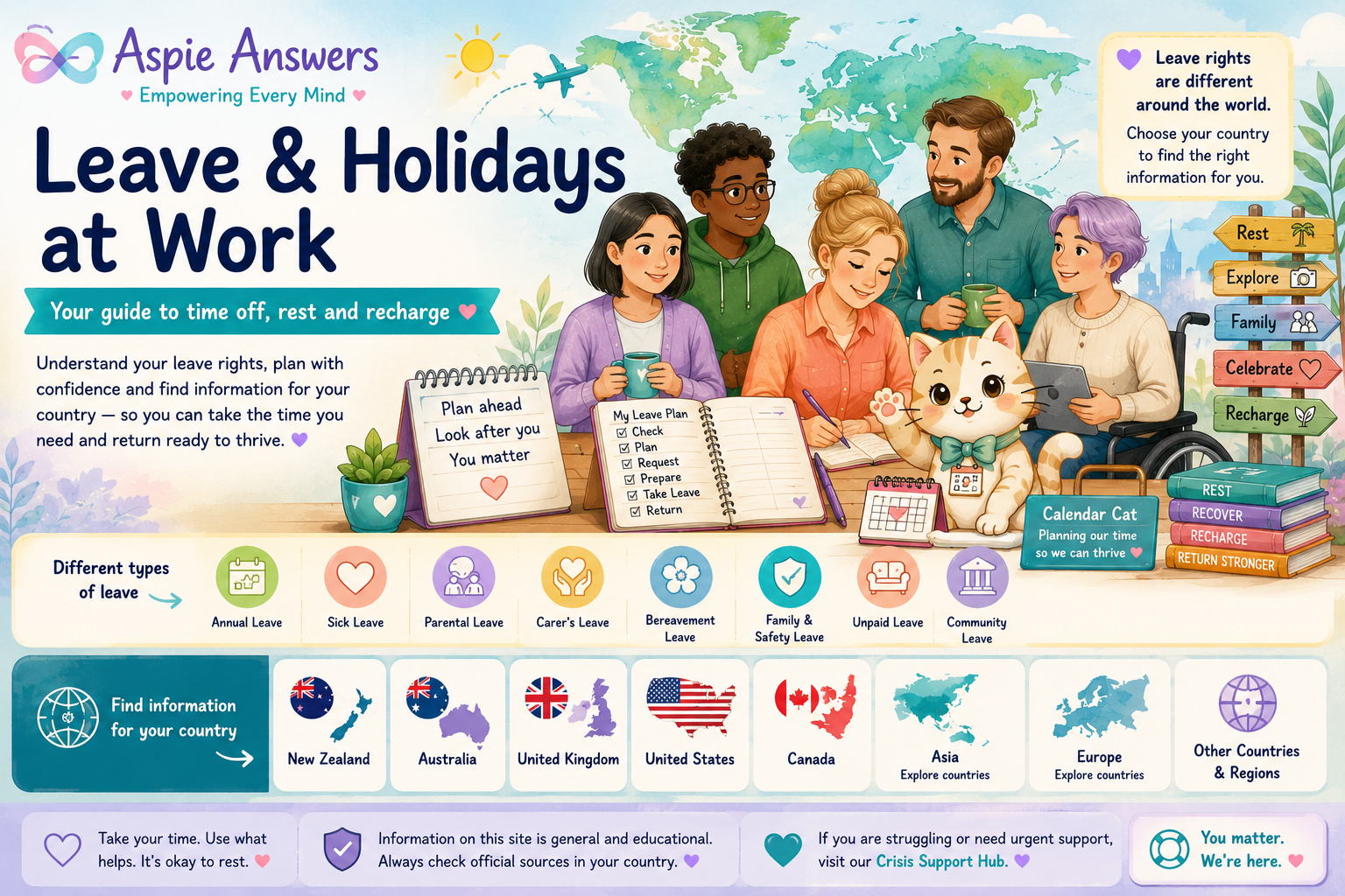 Leave and Holidays at Work — international Aspie Answers guide to workplace leave, rest and country-specific information.