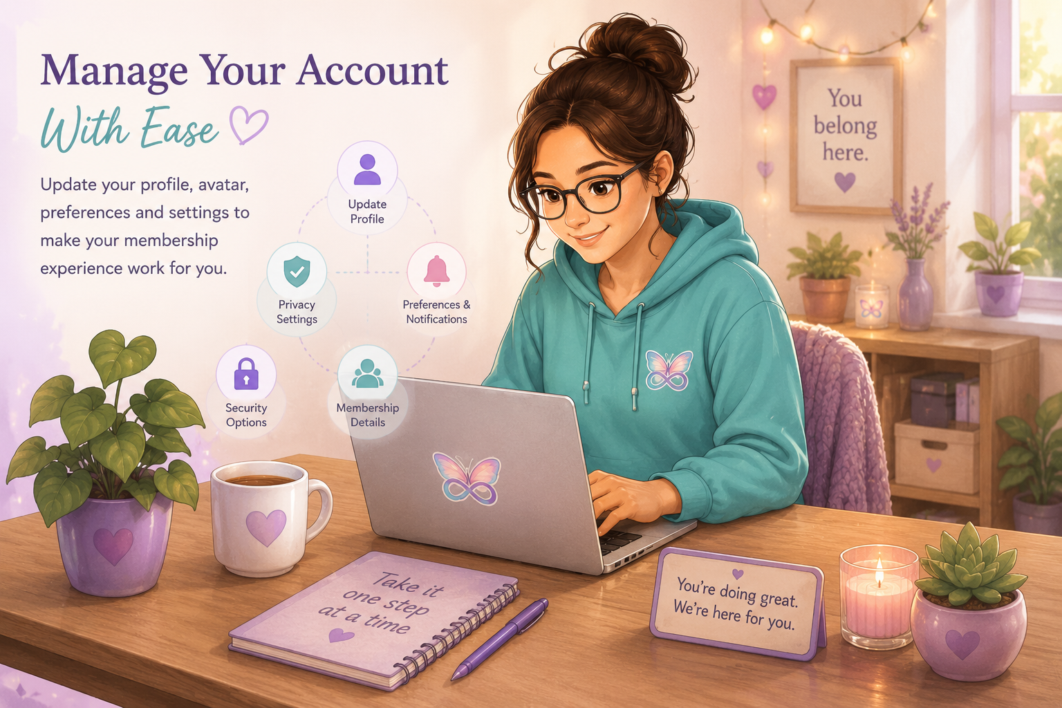 A member managing their Aspie Answers account comfortably using a laptop