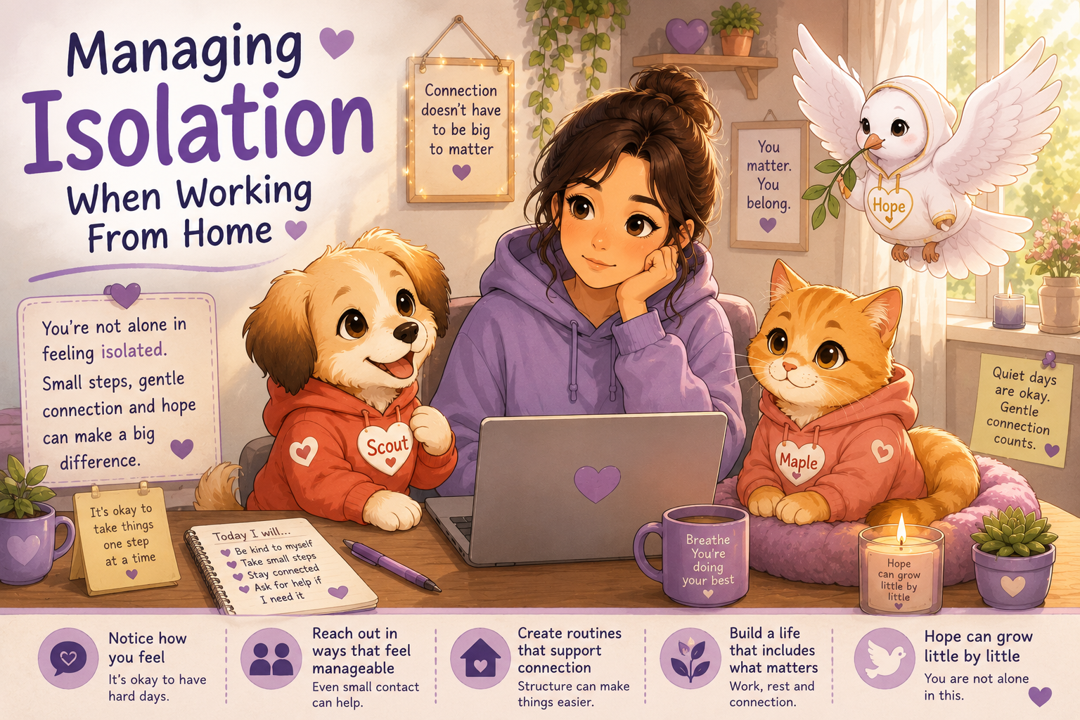 Managing Isolation When Working From Home – gentle neurodivergent-friendly support from Aspie Answers with Scout, Maple Cat and Hope the Dove
