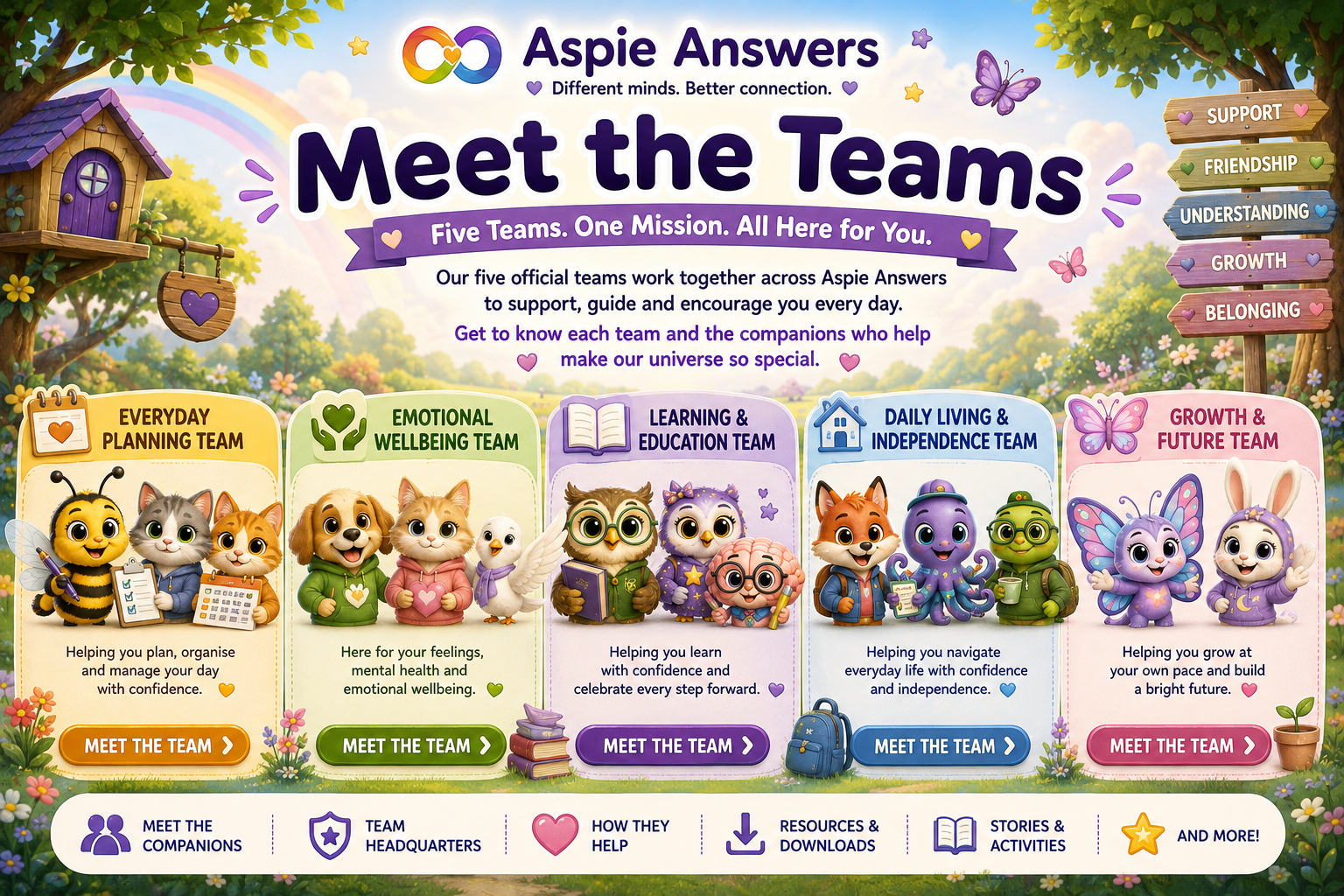 Meet the Teams: the five official Aspie Answers Companion Teams working together to support planning, emotional wellbeing, learning, independence, growth and the future.