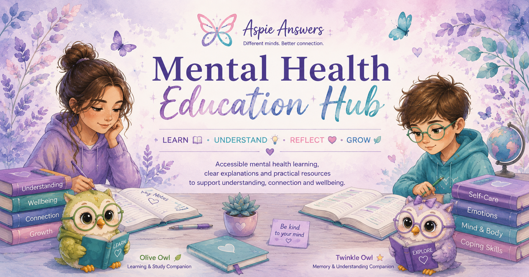 Aspie Answers Mental Health Education Hub with accessible learning, mental health education, Olive Owl and Twinkle Owl.