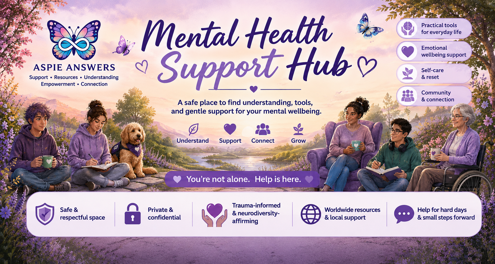 Aspie Answers Mental Health Support Hub with diverse people, calming nature and pathways for understanding, support, connection and growth.