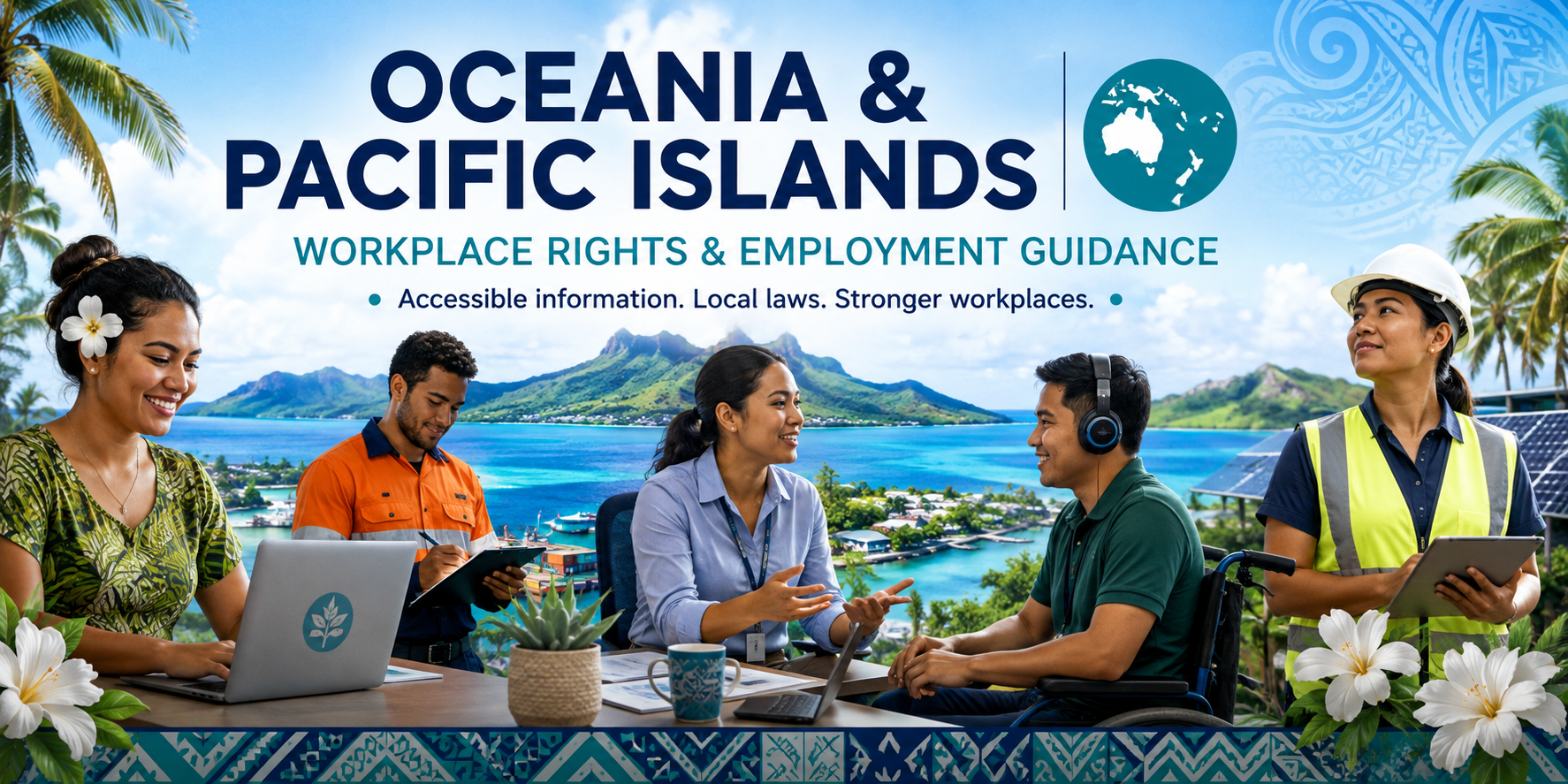 Oceania and Pacific Islands Workplace Rights and Employment Guidance from Aspie Answers, showing diverse Pacific workers in accessible workplaces.
