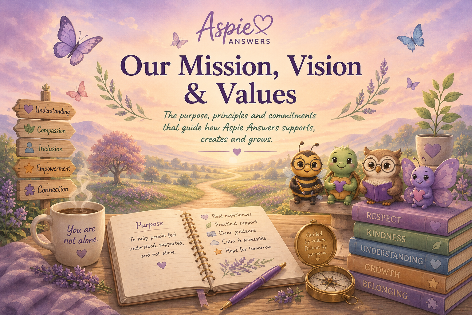 Our Mission, Vision and Values banner showing a peaceful pathway, books, butterflies and friendly Aspie Answers companions.