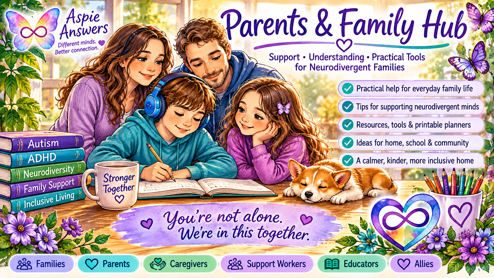 Illustrated family supporting a neurodivergent child while learning together