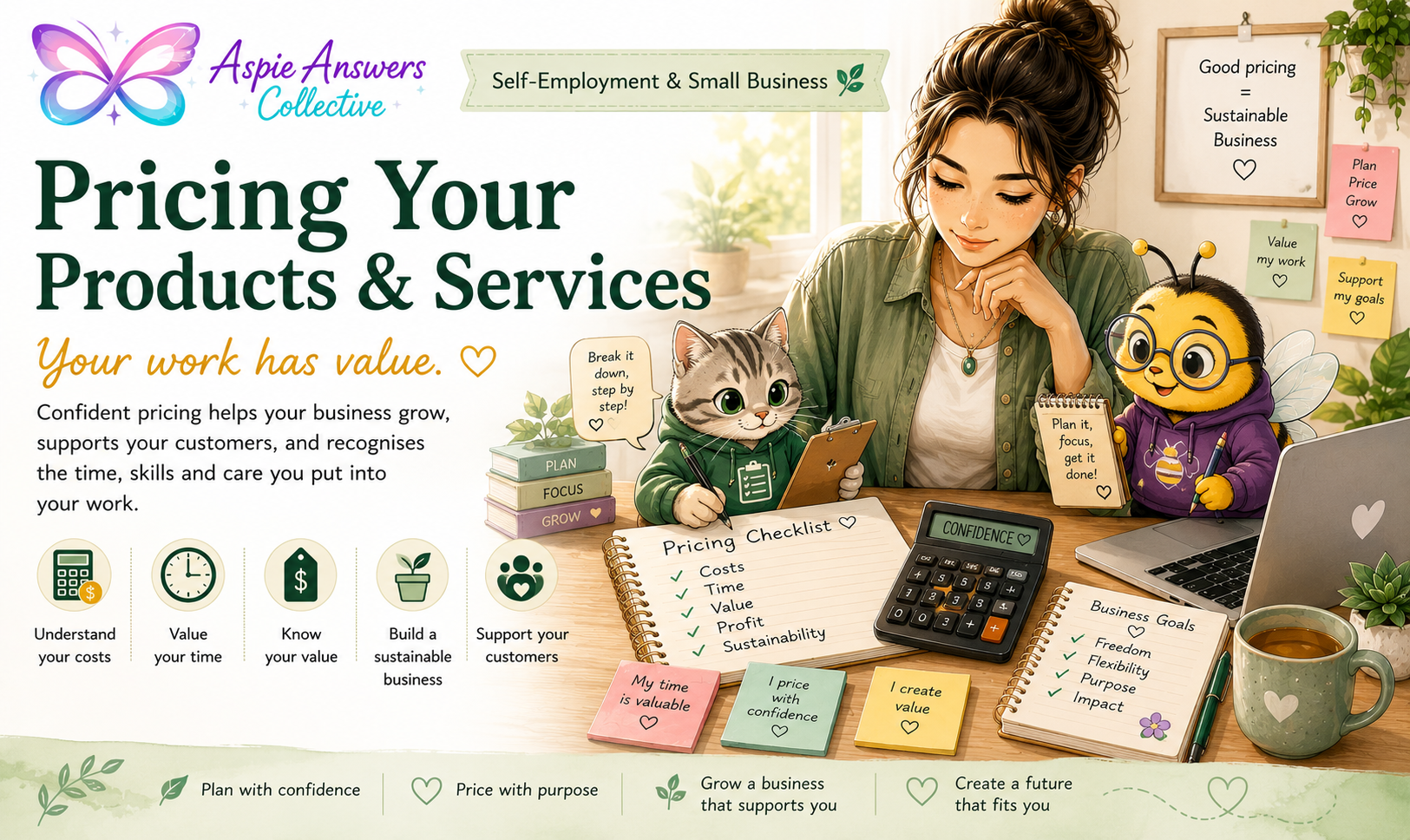 Aspie Answers Collective banner for Pricing Your Products & Services, showing a neurodivergent-friendly business workspace with a business owner, Checklist Cat and Busy Bee working through pricing, costs, time, value and sustainability.