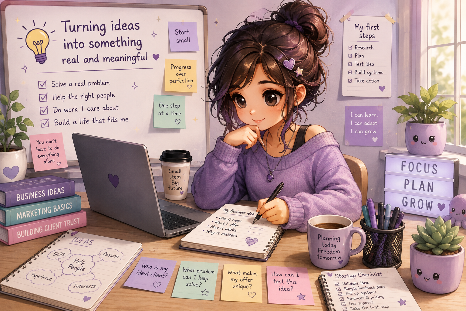 Semi-realistic kawaii person planning the first steps of starting a small business with a laptop, business ideas, notes, checklists and practical startup planning.