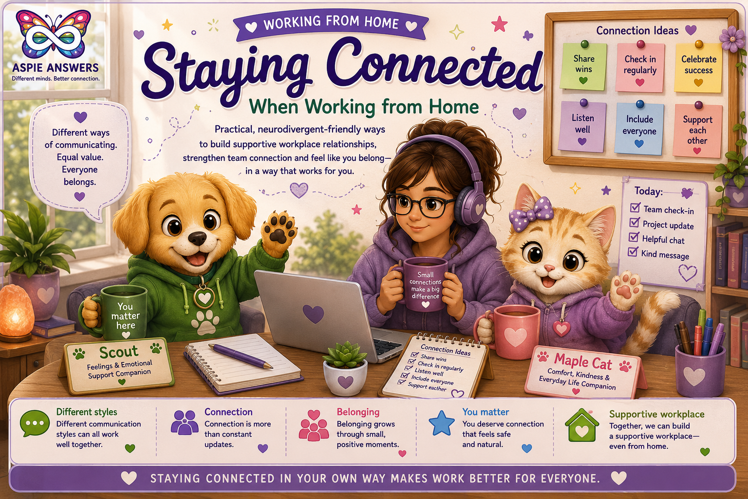 Staying Connected When Working From Home — neurodivergent-friendly workplace connection support featuring Scout, Maple Cat and a remote worker