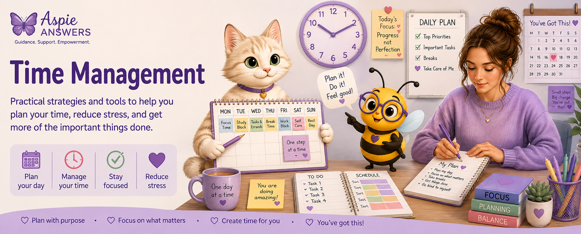 Aspie Answers Time Management guide featuring official Calendar Cat, Busy Bee and practical planning tools