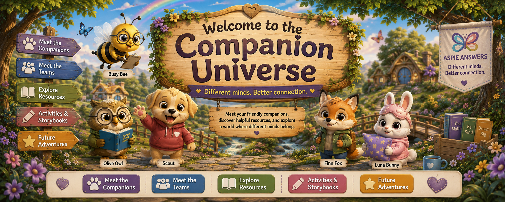 Welcome to the Aspie Answers Companion Universe, featuring the official Version 1 companions in a friendly illustrated scene.