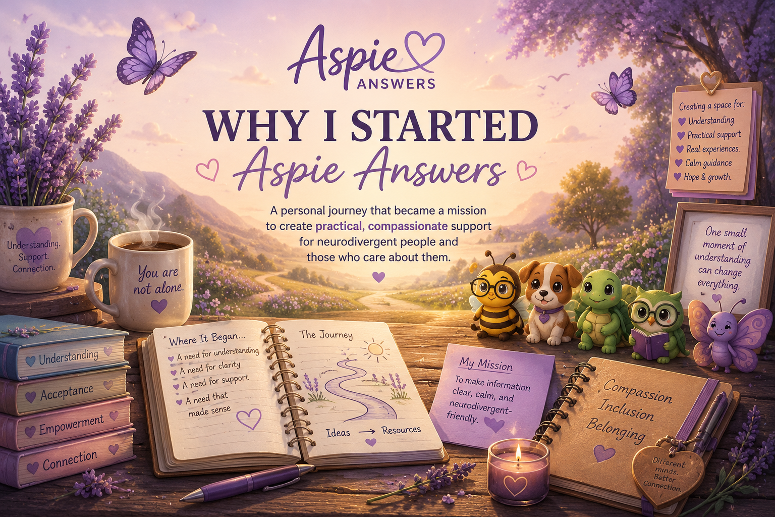 Why I Started Aspie Answers — a symbolic founder-story scene with books, journals, a winding path, butterflies and supportive companions.