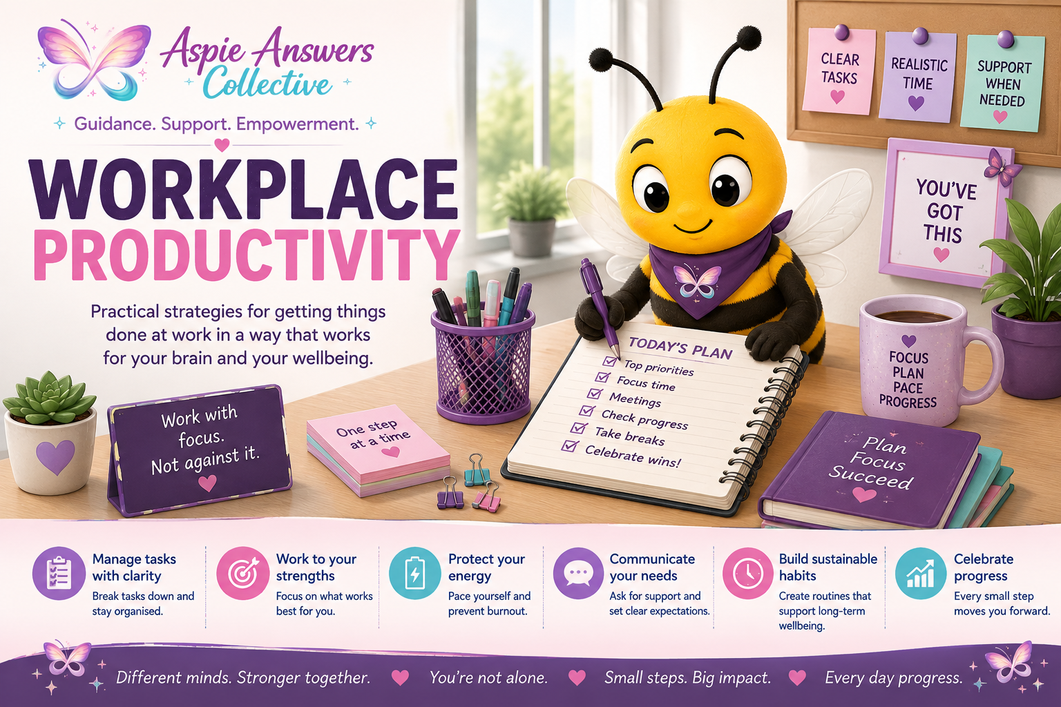 Workplace Productivity from Aspie Answers Collective featuring Busy Bee and practical strategies for managing tasks, focus, energy and sustainable progress at work