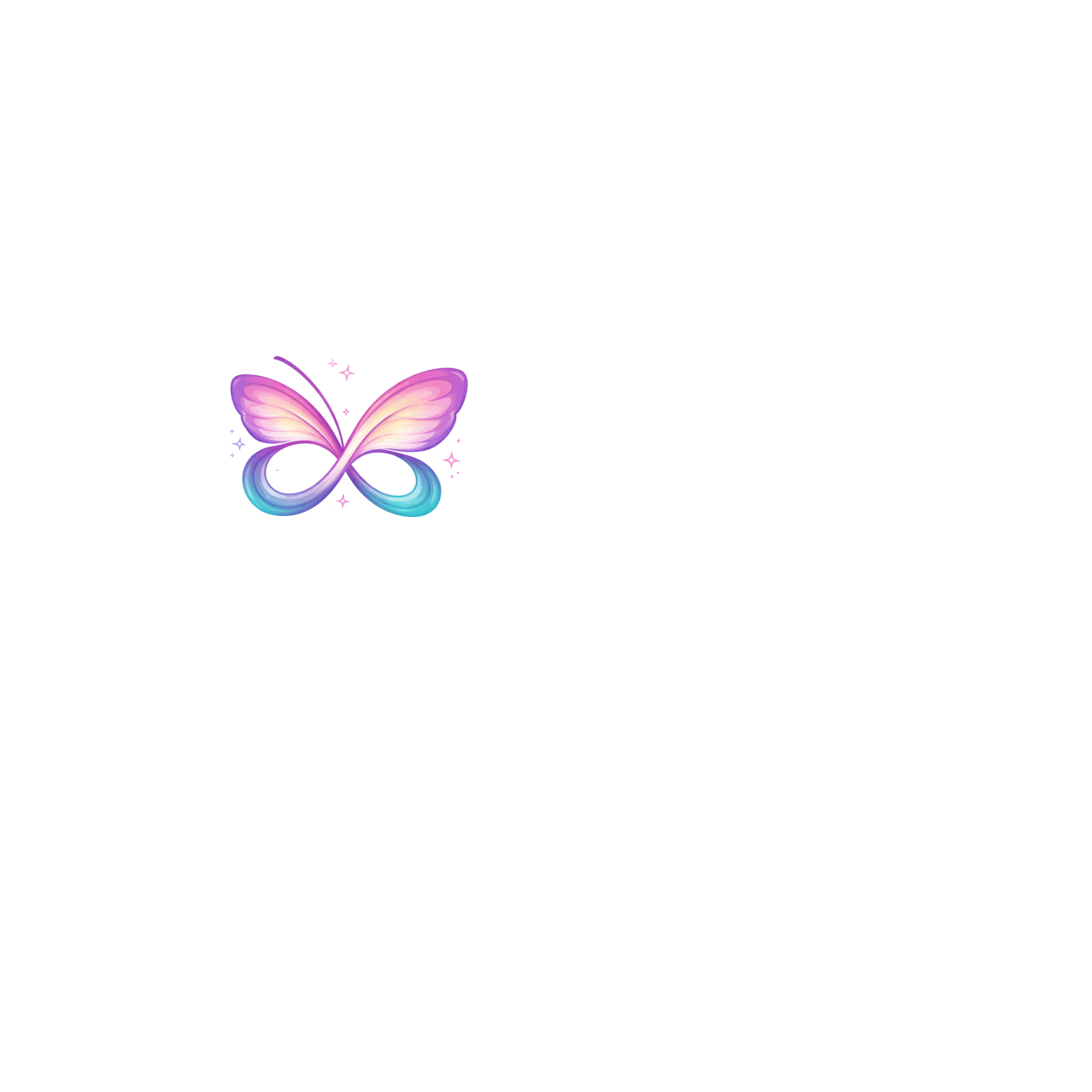 Current Aspie Answers butterfly-infinity logo with soft pink and lilac wings, teal and blue infinity loops and subtle sparkles.