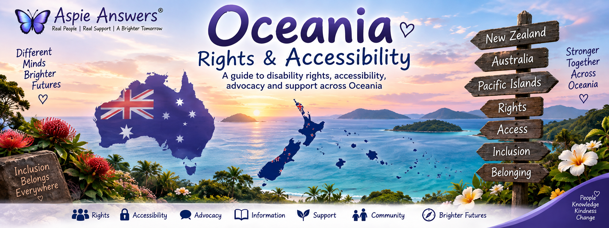 Oceania Rights and Accessibility illustrated banner showing Aotearoa New Zealand, Australia and Pacific Island pathways.