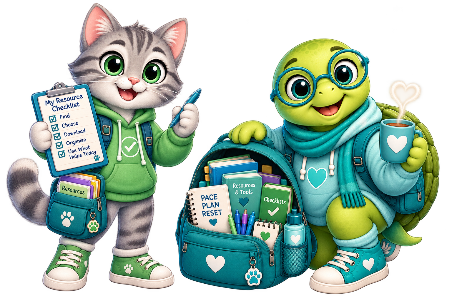 Toby Turtle and Checklist Cat helping organise Aspie Answers resources