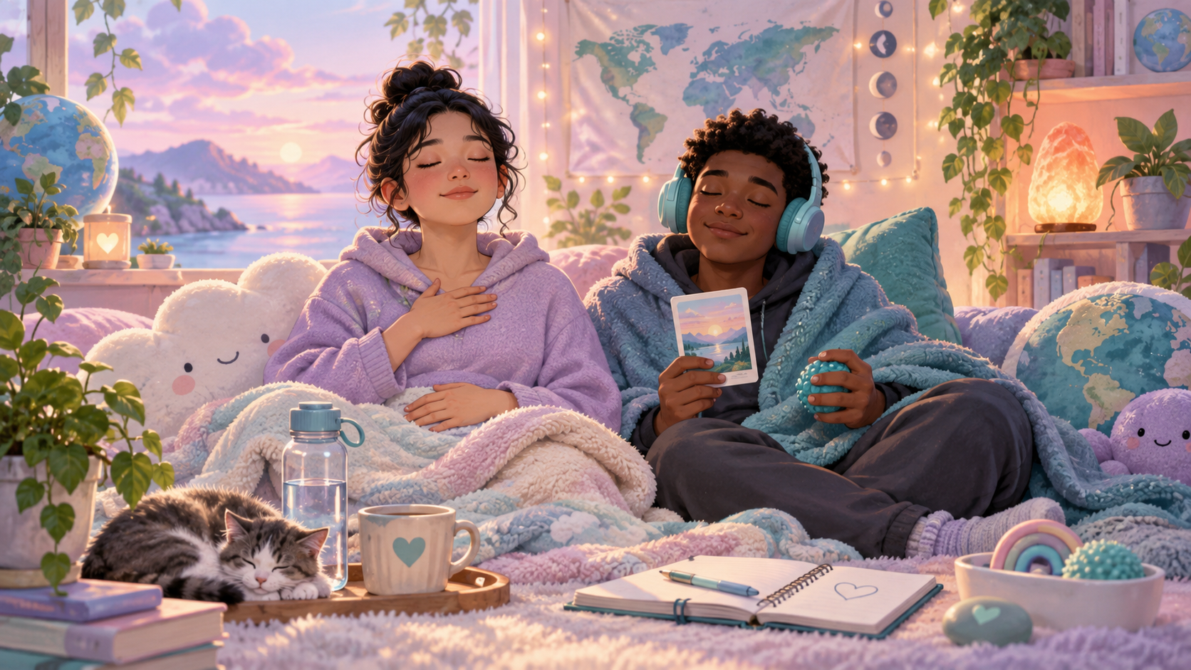 Two people resting in a calm cosy space with simple grounding and comfort objects