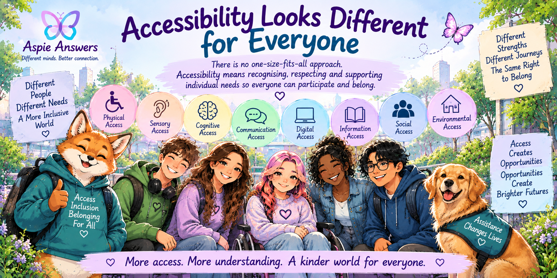 Accessibility looks different for everyone, showing different access needs and ways people participate.