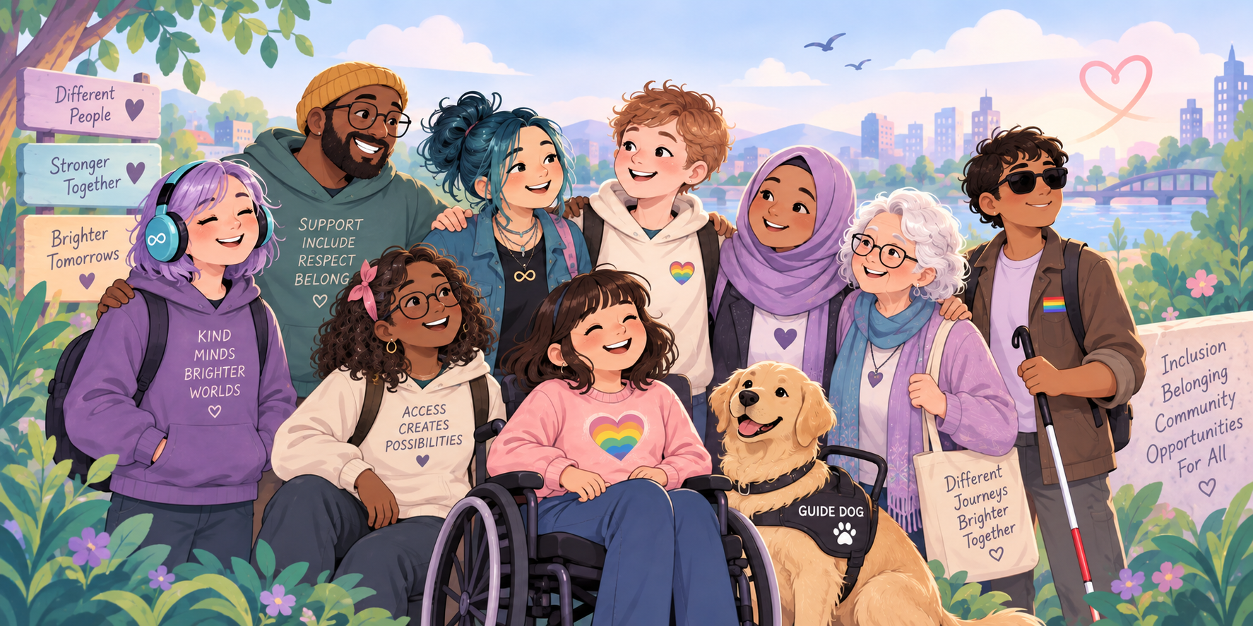 A diverse inclusive community representing disability, neurodivergence, culture, accessibility and belonging
